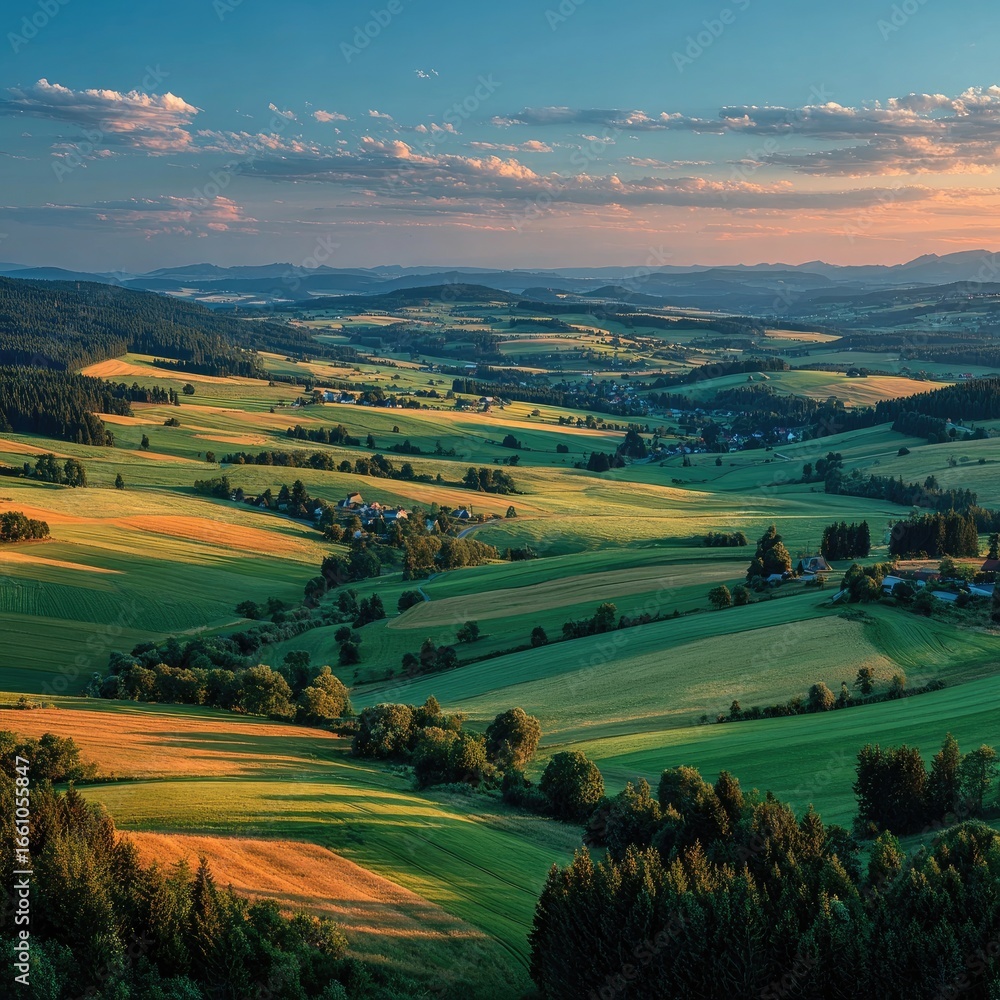 Naklejka premium Panoramic view of rolling hills and fields at sunset