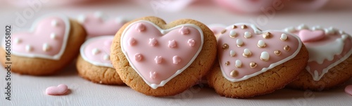Several cookies with pink icing and white icing are arranged on a table valentine’s day cookies food background