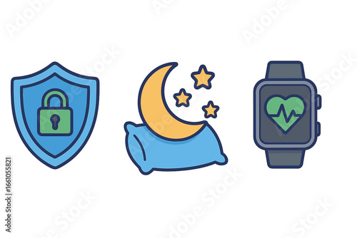 Digital wellness icon set. Vector symbols for security, relaxation, and health monitoring. Smartwatch with heart rate, good sleep, and data protection concept illustrations.