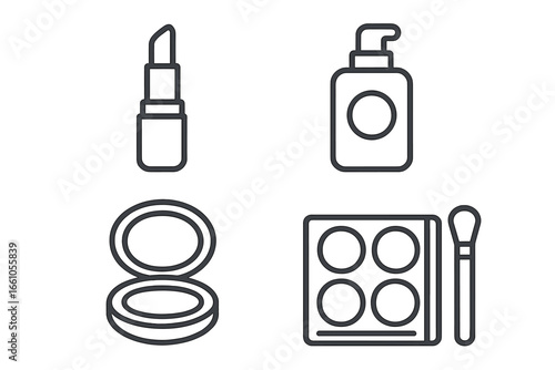 Beauty icon set with lipstick, foundation, powder, eyeshadow. Cosmetics and makeup line icons. Skincare product symbols. Vector illustration for salon, spa, and glamour.