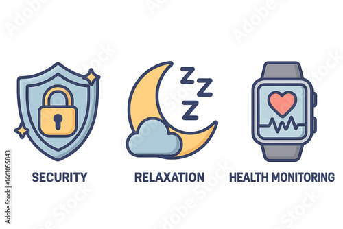 Digital wellness icon set for balanced lifestyle. Security shield, sleep moon, and health monitoring smartwatch. Vector symbols for relaxation, safety, and wellbeing concept.