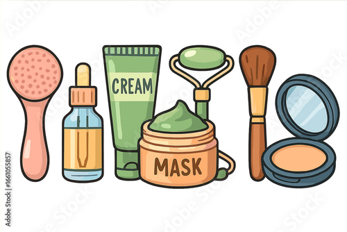 Skincare routine vector set. Cosmetics and beauty products illustration. Facial care concept. Face mask, cream, serum, jade roller, makeup brush, powder, cosmetic tools cartoon.