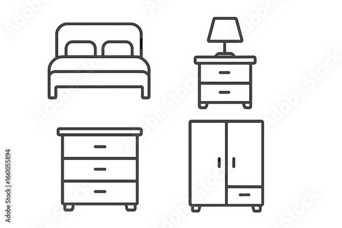 Vector bedroom furniture icon set. Simple outline icons of a bed, nightstand, dresser, wardrobe. Home interior decor elements. Minimalist line style for web design and app.