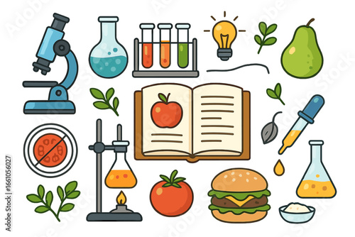 Food science and technology concept. Gmo food research, lab testing and analysis. Microscope, flask, test tube. Nutrition and biotechnology. Vector cartoon illustration set.