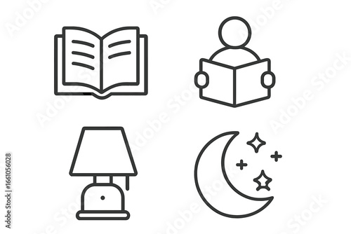 Bedtime story outline icon set. Line art vector symbols for reading, storytelling, sleep. Includes open book, reader figure, bedside lamp, crescent moon, and stars for design.
