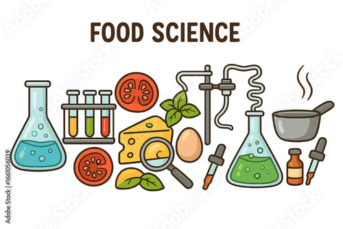 Food science concept for culinary innovation and experimentation. Molecular gastronomy, food chemistry, and nutrition research with lab equipment. Food analysis and technology vector banner.