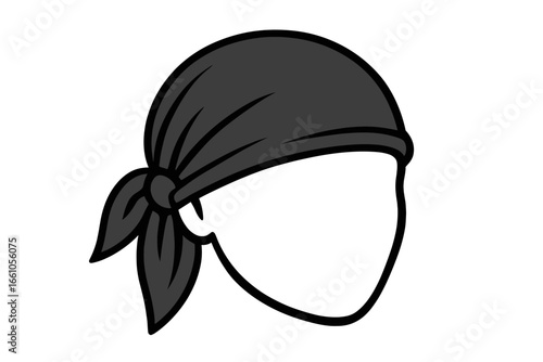 Black bandana on faceless head. Biker or pirate headwear. Hip hop fashion accessory. Gang culture symbol. Man in kerchief. Head wrap scarf. Vector icon illustration silhouette.