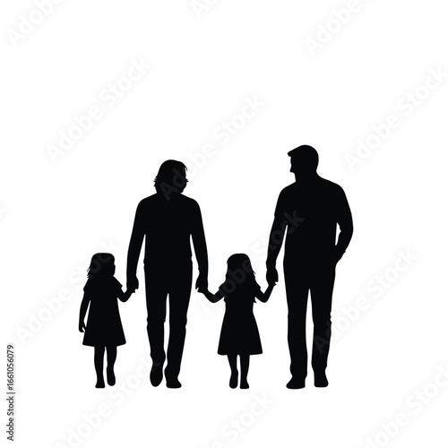 Silhouette of a family with two parents and two daughters walking hand in hand together in black and white