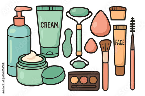 Beauty tools and cosmetics vector icon set. Skincare essentials, makeup products collection. Cream, jade roller, gua sha, foundation, eyeshadow, brush, sponge cartoon flat.