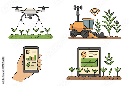 Smart farming vector icon set. Agriculture technology concept with drone, combine harvester, mobile app for crop management. Agritech innovation cartoon illustration collection.