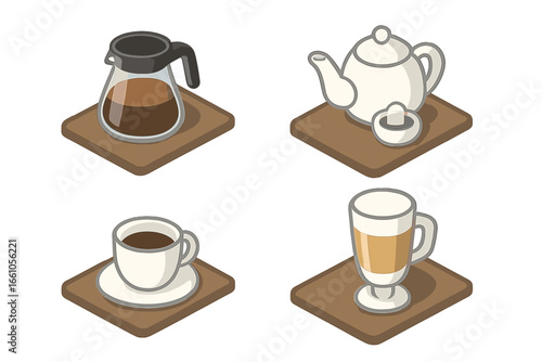 Isometric coffee and tea icon set for cafe or restaurant menu. Vector illustration of beverage service with coffee pot, teapot, sugar, espresso, and latte glass on trays. Flat design.
