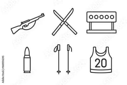Biathlon winter sport icon set. Linear outline equipment symbols. Vector illustration collection includes biathlon rifle, cross-country skis, shooting range target, bullet, poles, race bib.