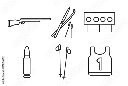 Biathlon winter sport outline icon set. Vector linear collection of biathlonist equipment: rifle, skis, poles, shooting target, bullet, and race bib for competition.