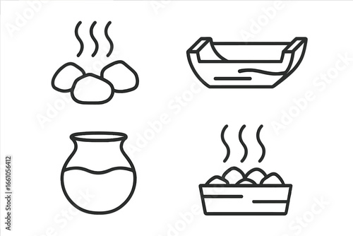 Stone boiling icon set. Ancient cooking technique with heated rocks. Primitive survival method using hot stones to boil water in a trough. Historical food preparation outline icons.