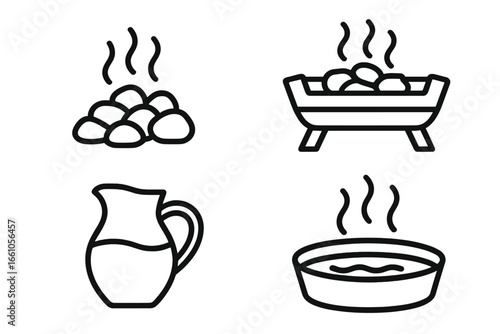 Stone boiling vector icon set. Ancient cooking technique using heated rocks. Primitive food preparation method. Historical survival skill pictograms with hot stones, trough, & bowl.