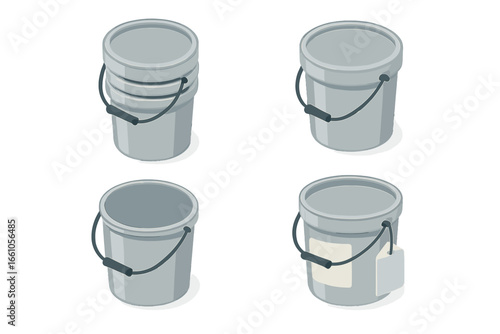 Storage buckets and utility pails icon set. Isometric vector illustration of stackable containers with handles, lids, and label tags. Flat design graphic for organization.