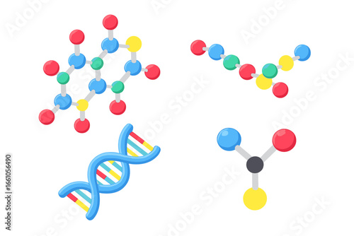 Biochemical molecules isometric icon set. Science vector illustration of DNA double helix, amino acid chain, purine, and glucose. Genetics and chemistry concept with atom models.