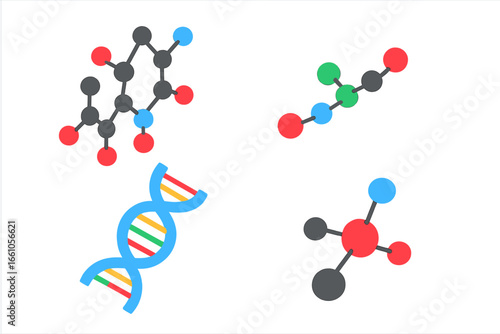 Biochemical molecules vector icon set. Isometric flat design style. DNA double helix, amino acid chain, glucose, organic compound structure. For science, chemistry, biology, genetics.