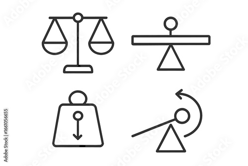 Center of gravity outline icon set. Physics concepts of balance, scale, and stability. Vector icons of fulcrum point, weighted object, torque, lever, and equilibrium.