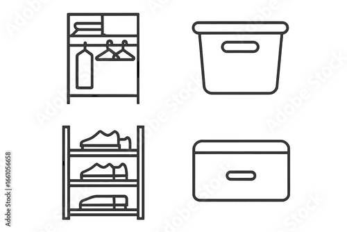 Storage solutions and home organization icon set. Vector line icons of a closet, wardrobe, shoe rack, storage bin, and drawer. Decluttering and tidying up concept.