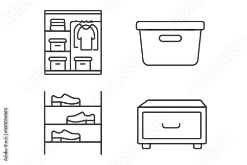 Storage solutions and home organization outline icon set. Vector icons of closet, wardrobe, shelves, storage bin, shoe rack, and drawer. Furniture and household items.