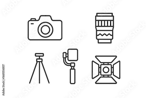 Cinematography equipment outline icon set. Filmmaking and video production gear symbols. Vector line art of camera, lens, tripod, gimbal stabilizer, and studio light illustration.
