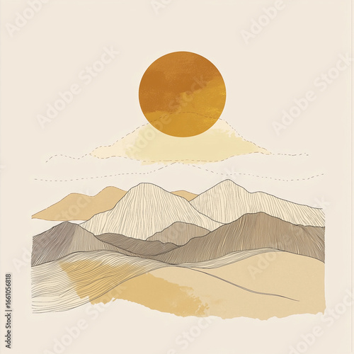 Abstract mountains in warm tones with sun in minimalist style