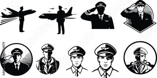 Collection of Pilot Silhouettes and Portraits Saluting and with Airplanes aviation