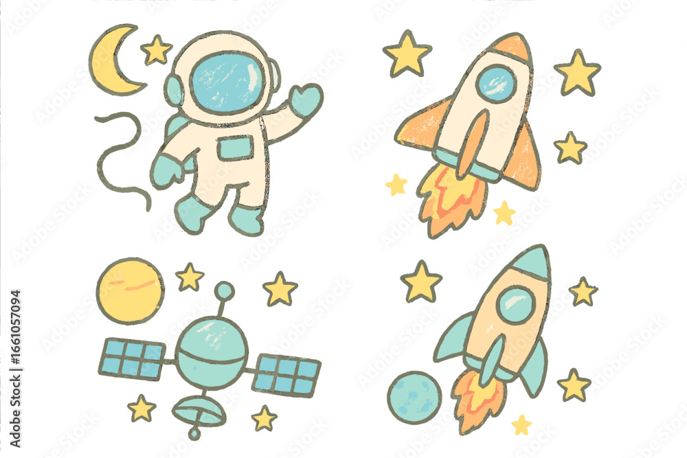 Naklejka premium Set of cute space icons. Astronaut, rocket, satellite, planet in pastel crayon style. Whimsical hand drawn kid's doodle vector illustration for children. Galaxy exploration cartoon.