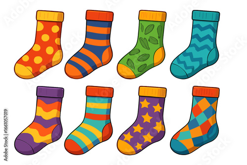 Set of colorful cartoon socks with various patterns. Vector illustration of fun hosiery. Collection of vibrant patterned socks. Isolated clip art for fashion and textile design.