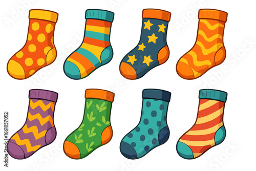 Vector illustration set of colorful and fun patterned socks. Cartoon collection of various textile designs for clothing and apparel. Cute hosiery with stars, stripes, and dots.