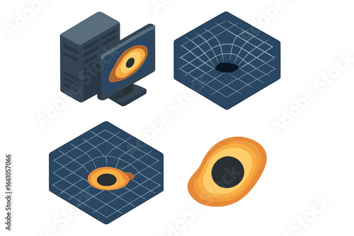 Isometric black hole simulation icon set. Spacetime grid curvature, general relativity, and astrophysics modeling on a computer. Vector graphics for science and technology concept.
