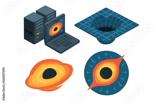 Isometric black hole simulation icon set. Astrophysics research concept. Spacetime grid curvature. Gravitational singularity and accretion disk. Supercomputer data modeling vector.
