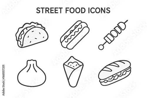 Street food line icon set vector. Outline collection of popular fast food dishes: taco, hot dog, kebab, dumpling, shawarma wrap, and banh mi sandwich. Simple linear symbols.