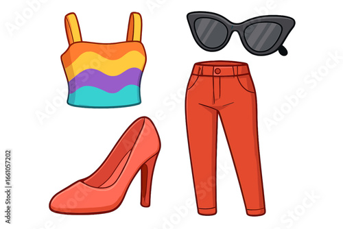 Woman fashion outfit set. Colorful trendy top, modern red pants, high heel shoe and stylish sunglasses. Casual clothing collection vector cartoon illustration isolated on white.
