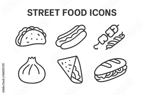 Street food line icon set. Collection of popular fast food dishes. Taco, hot dog, kebab, dumpling, crepe, banh mi sandwich. Outline vector illustration for culinary design.
