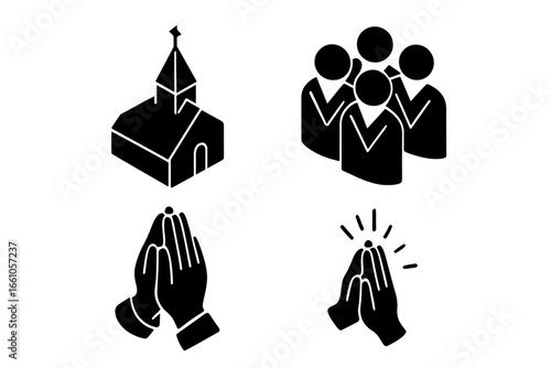 Black spirituality isometric icon set. African American christian religious symbols. Church building, gospel choir, praying and clapping hands. Faith, worship, community vector.