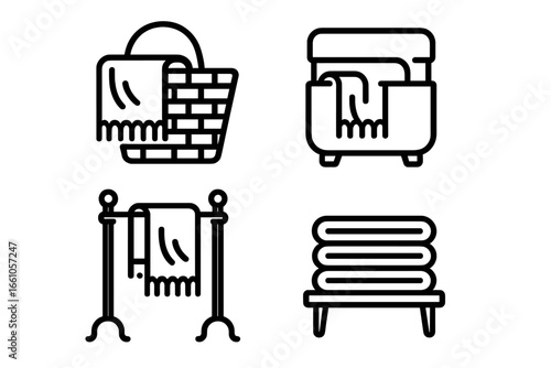 Blanket storage solutions outline icon set. Home organization and decor concepts. Woven basket, storage ottoman, decorative rack, folded throws. Vector illustration for tidying up.