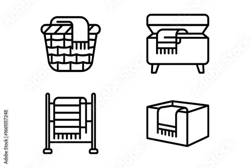 Blanket storage solutions icon set. Home organization and decor concepts. Vector outline illustration of throw blanket in woven basket, storage ottoman, box, and decorative rack.
