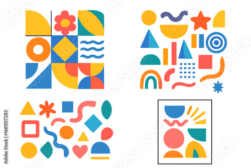 Colorful abstract geometric shapes. Big set of basic figures. Doodle constructor for contemporary design. Modern trendy vector elements for pattern, poster or background design.