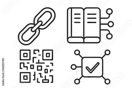 Blockchain technology line icon set. Vector concepts of cryptocurrency, fintech, and decentralized digital networks. Symbols for smart contract, digital ledger, transaction, and QR code.