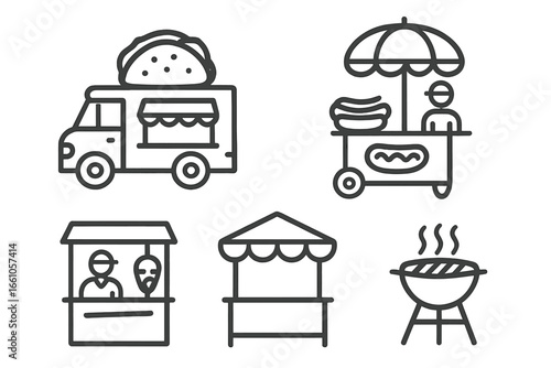 Street food icons. Outline icon set of street food vendors, taco truck, hot dog cart, kebab stand, food stall and grill. Vector illustration for fast food festival.