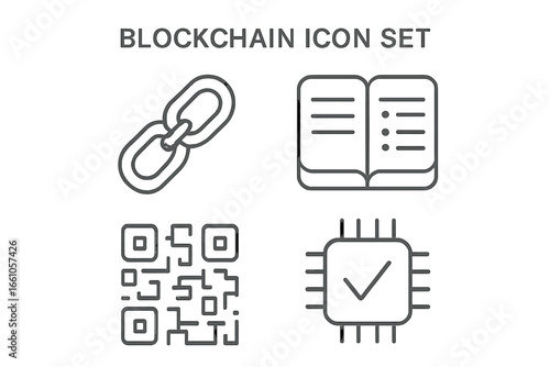 Blockchain technology outline icon set. Vector icons for cryptocurrency, fintech, and decentralized finance. Includes chain, digital ledger, QR code, and smart contract symbols.
