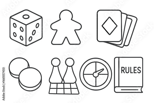 Board game components icon set. Collection of line art vector illustrations for tabletop gaming. Includes dice, meeple, pawn, playing cards, tokens, spinner, and rulebook.