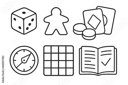Board game components icon set. Line art illustration of dice, meeple, pawn, cards, tokens, spinner, gameboard, and rulebook. Vector icons for tabletop gaming and leisure.