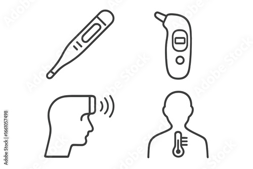 Body temperature icons. Medical outline vector set for checking fever, sickness symptoms. Digital, ear, non-contact infrared forehead thermometer. Health monitoring concept.