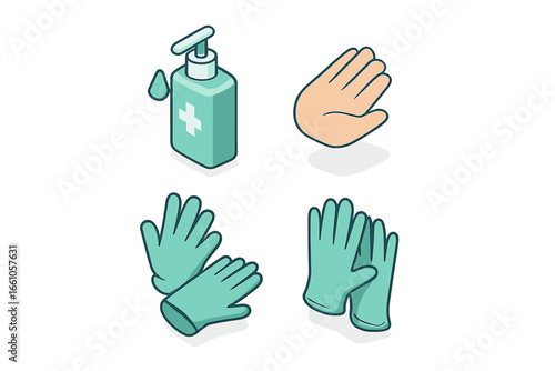 Hand sanitizer and medical gloves isometric icon set. Concept for hygiene, disinfection, safety, and health protection. Clean hands, sanitation, and prevention vector icons.