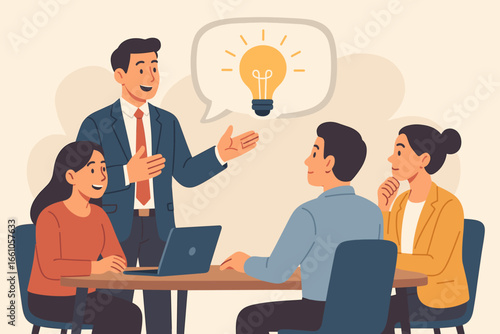 Businessman convincing people to believe in an idea. Leadership concept of influencing and persuading colleagues in a meeting. Communication and teamwork with a brilliant idea.