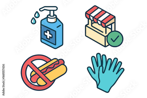 Street food safety isometric icons. Hygiene regulation, certified stall, and food handling concept. Hand sanitizer, disposable gloves, and forbidden food sign vector illustration set.