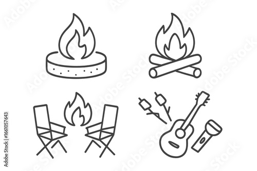 Bonfire gathering outline icon set. Camping and outdoor recreation symbols. Vector line art of campfire, firepit, logs, camp chairs, marshmallow roasting, guitar, and flashlight.